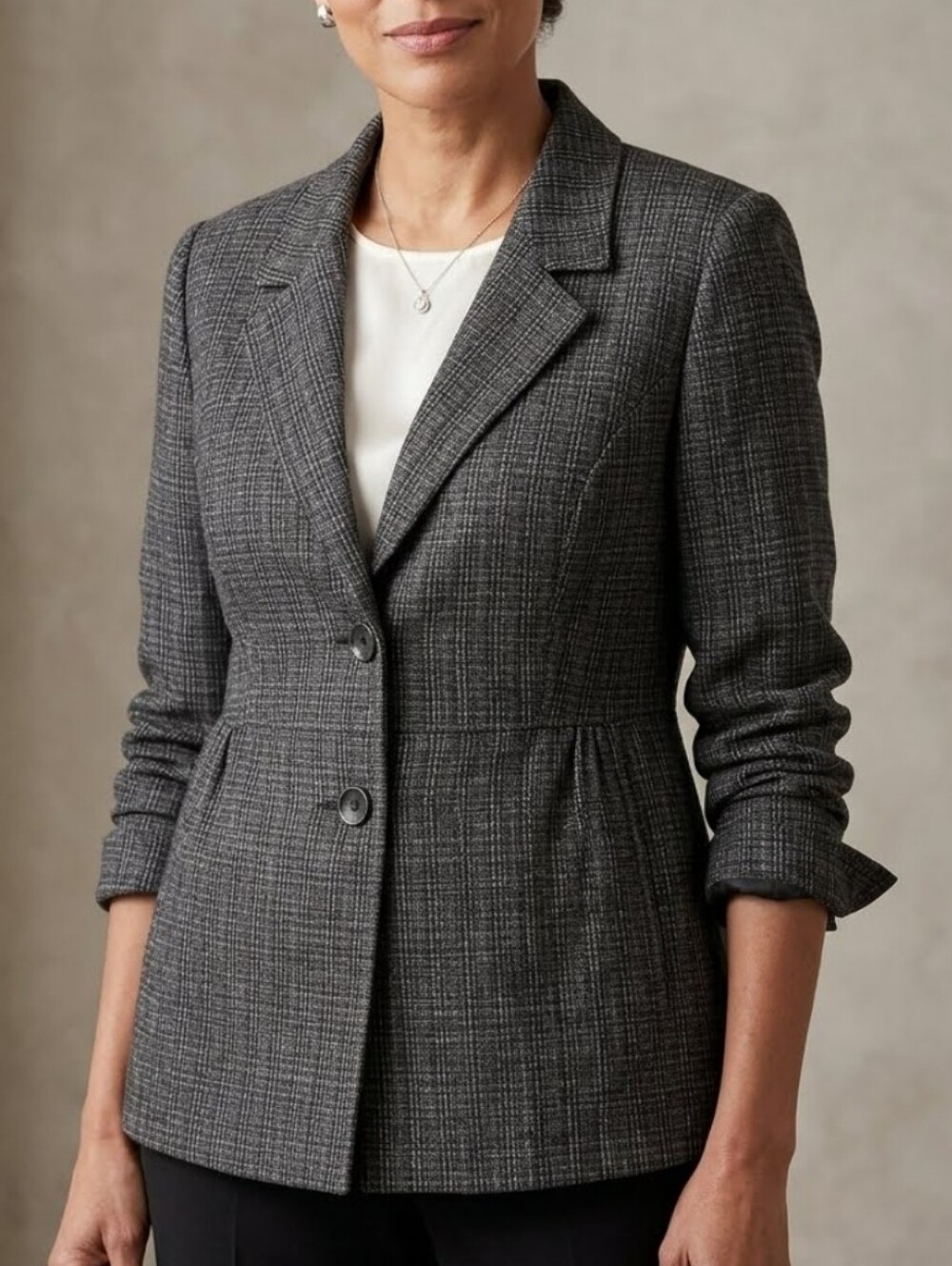 J Jill Woven Plaid Black White Cotton Blend 2 Button Notch Collar Career Blazer